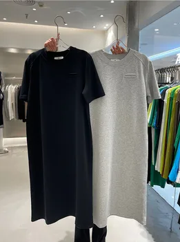 Az új 2023 pamut kerek gallér hamis zsebében hosszú a térd póló női nyári ruha