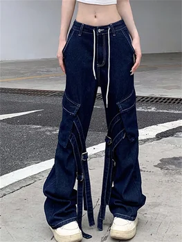 2023 Új Streetwear Szalag Jeans Női Alkalmi Bő Alacsony Emelkedik Farmer Cargo Nadrág Y2k Alapvető Punk Stílusú Farmer Koreai Divat Nadrág