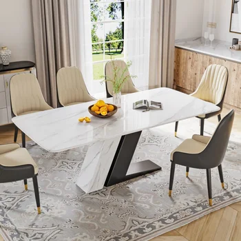 Modern Étkező Asztal, Téglalap alakú, Szinterezett Kő Asztali Z-alakú Rozsdamentes Acél Alap, Fehér, Fekete Láb, 71