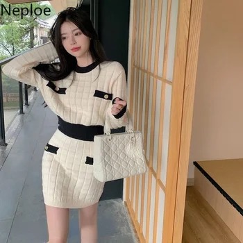 Neploe 2023 Divat-Két darabos Készlet Nők O-nyak Vágott Pullovers Maximum + Bodycon Mini Szoknya koreai Kötött Ruha 2 Db Femme Roupas