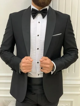 Üzleti Fekete Kendő Hajtóka Megfelel Egyedi Terno Masculino Szmoking Vőlegény Esküvői Bál Blézer 2 Db Slim Fit Kabát+Nadrág