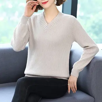 Pulóver pulóver tavaszi, őszi, kora őszi laza divat külföldi v-nyak szilárd csökkenti a korban kötött alsó felső pulóver női