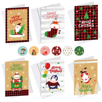 6Sets Kraft Ajándék Kártya Boldog Karácsonyi üdvözlőlap Borítékok Matricák Mikulás, Karácsonyi Képeslap, Üres Belső Összecsukható Kártya