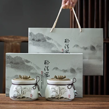 Tea cserepes Növény Nyomtatás Kerámia a Csomagolás Doboz Közepes Egyetemes Egyéni Tároló Fekete-Fehér Longjing Zöld Új Kínai Retro 2db
