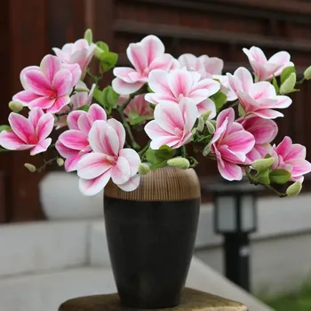 3 Fej Igazi Érintse meg Nagy Magnolia Mesterséges Virágos Ág az Esküvői Asztal lakberendezési PU Hamis Virág