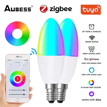 TUYA Zigbee Okos Gyertyatartót Európai Égő E14 100-240V RGB+C+W LED Gyertya Izzó Működik A Google Haza Yandex Alice