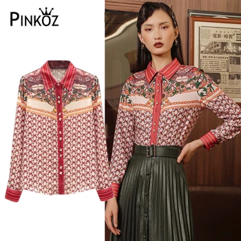 Pinkoz vintage női alkalmi elegáns ing kapcsolja le a gallér luxus gomb piros kockás mintával nyomtatott munka francia retro maximum blúz