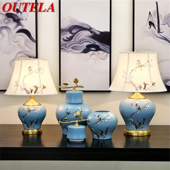 OUTELA Kerámia asztali Lámpa Kék Luxus Madár Réz Szövet asztali Lámpa Haza Dekoratív Nappali Étkező Hálószoba