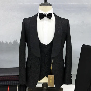 Férfi Öltöny, Esküvői Luxus Kabát, Mellény, Nadrág Három Darab Fehér Fekete Kendő Hajtóka egysoros Slim Fit Blézer Rendelésre Készült