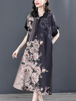 Nyári Fekete Luxus Virágos Selyem Póló Gallérral Midi Ruha Nők Koreai Vintage Hepburn Alkalmi Ruha 2023 Elegáns, Laza Derék Ruha