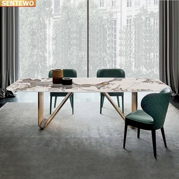 Tervező Luxus konyha szoba Márvány Kő Födém étkezési terített asztal 6 szék mesa de jantar tisch bútor Rozsdamentes acél arany bázis