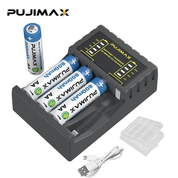 PUJIMAX 4 Db AA 800mAh/AAA 300mAh Újratölthető Ni-MH Akkumulátor+4 Slots LCD Kijelző, Akkumulátor Töltő, AAA/AA méretű 1,2 v Ni-MH Akkumulátor