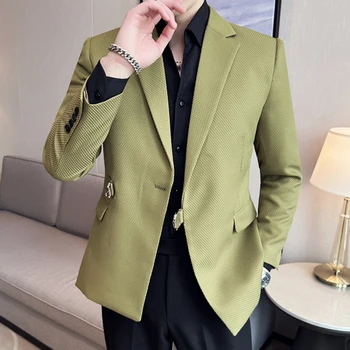 Alkalmi Öltöny Zakó Blézer Férfi Esküvői Zöld Slim Fit Outwear Túlméretezett egysoros Blézer Elegáns, Luxus, Kabátok koreai